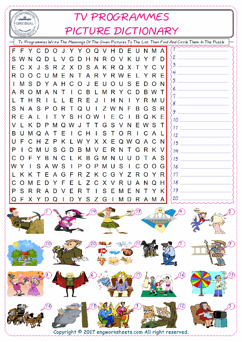  For kids, check the picture of Tv Programmes find, and write the word and find it in the word puzzle ESL printable worksheet. 